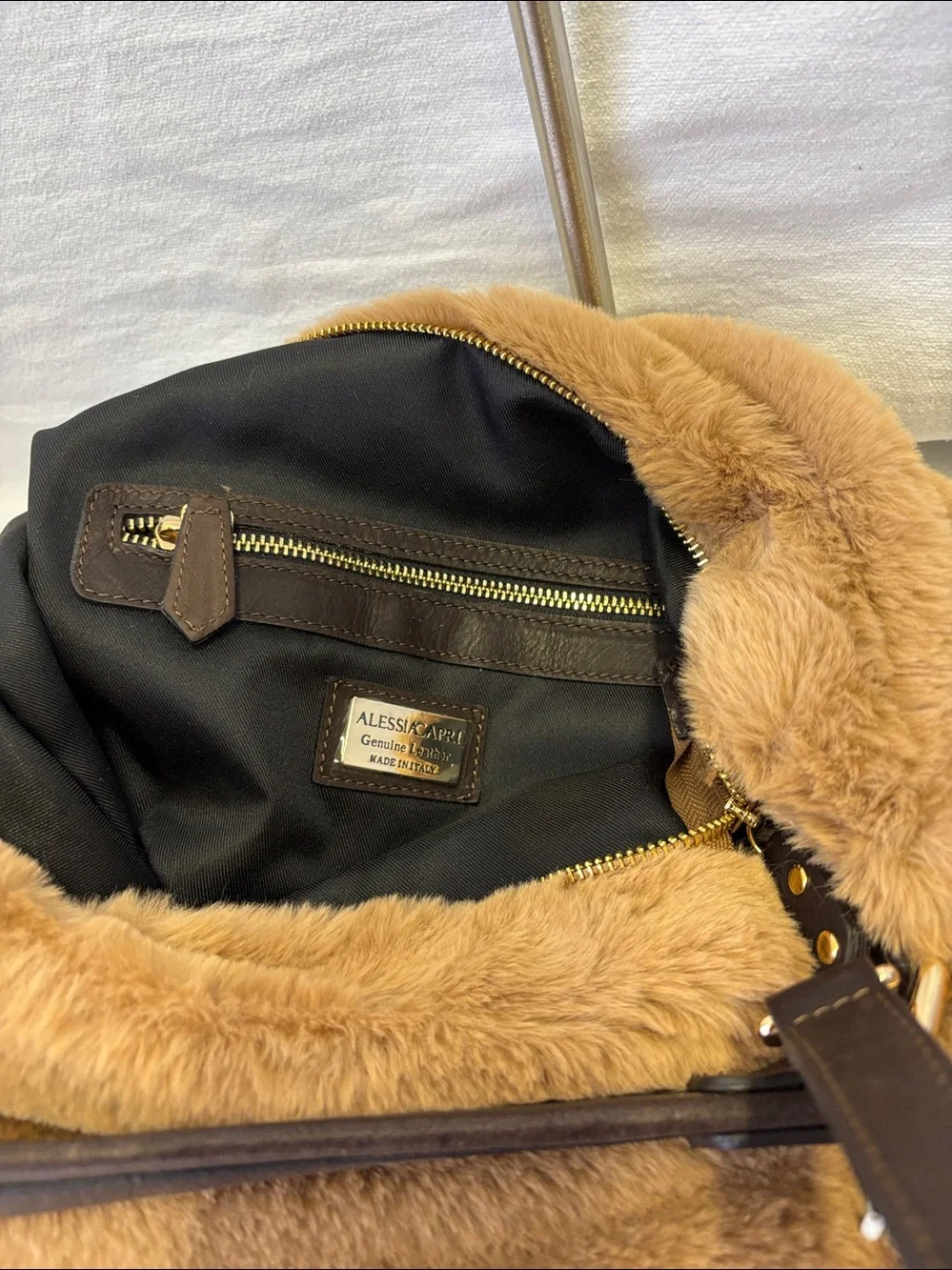 Alessia Capri Faux Fur Leather Hobo Shoulder Bag Made in Italy